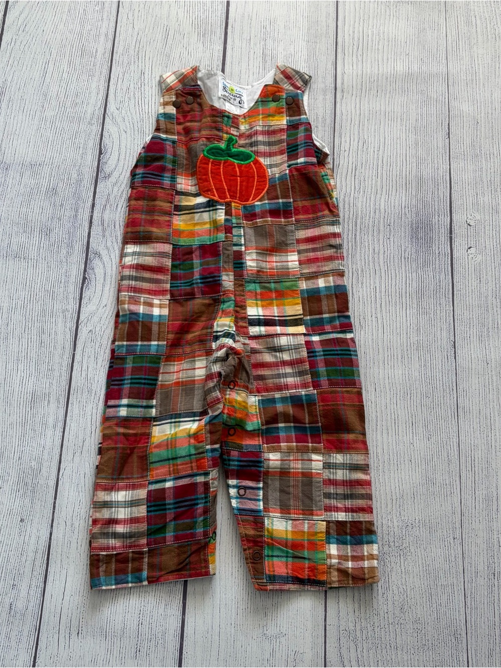 Soda City Sewing Plaid Applique Pumpkin Romper Size 2T